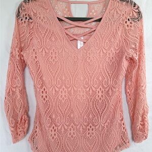 No Boundaries Pink Lace Crisscross V-Neck Blouse | M